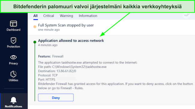 Näyttökaappaus, jossa näkyy Bitdefenderin palomuuri, joka mahdollistaa yhteyden muodostamisen