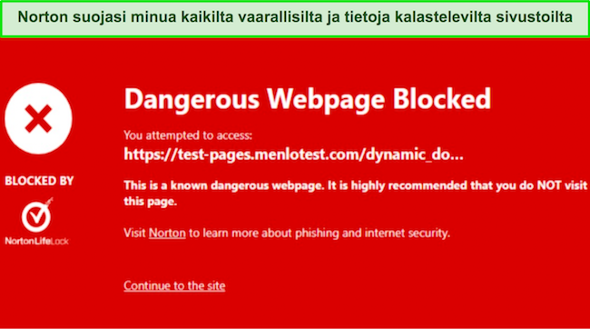 Kuvakaappaus Norton Safe Web -selainlaajennuksesta, joka estää haitallisen sivuston