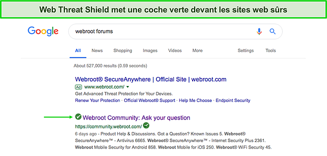 Capture d'écran du Web Shield de Webroot filtrant les sites Web sûrs des sites dangereux.