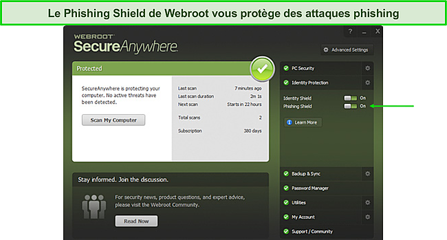 Capture d'écran du tableau de bord de Webroot montrant .