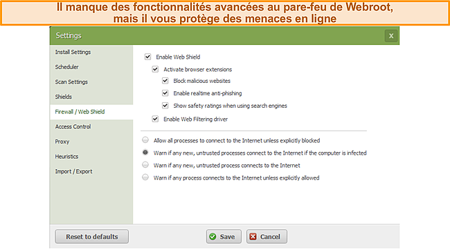 Capture d'écran du pare-feu de Webroot détecté lorsque des connexions inconnues ont tenté de se connecter à mon appareil.