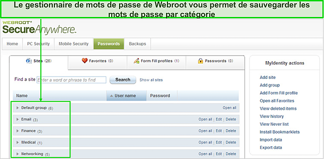 Capture d'écran du tableau de bord du gestionnaire de mots de passe de Webroot.