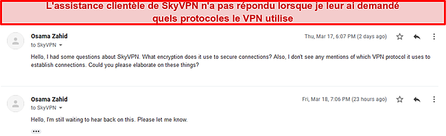 Capture d'écran du support client insensible de SkyVPN.