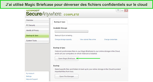 Capture d'écran de la page du tableau de bord Webroot Backup and Synchro.