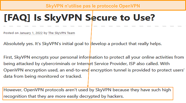 Capture d'écran de SkyVPN prétendant ne pas utiliser le protocole OpenVPN.