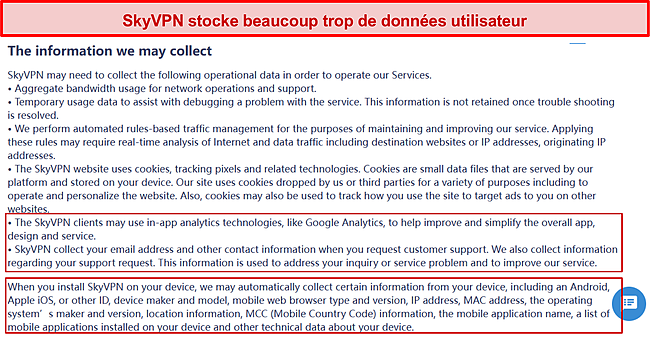 Capture d'écran de la politique de confidentialité de SkyVPN.