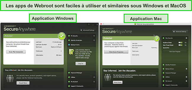 Capture d'écran des applications Windows et Mac de Webroot.
