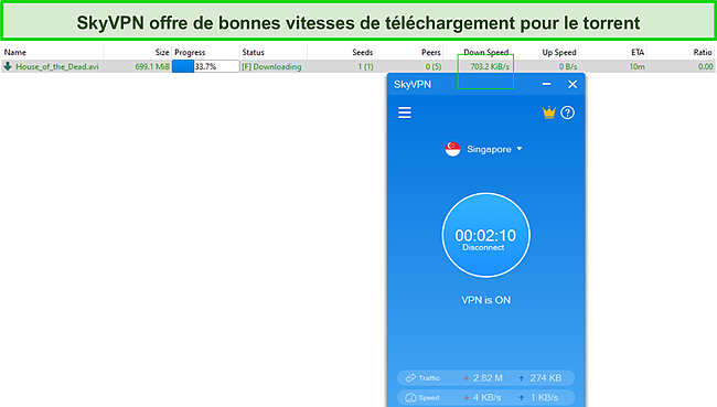 Capture d'écran des vitesses de téléchargement torrent de SkyVPN.