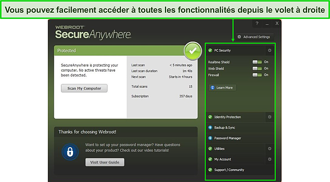 Capture d'écran du tableau de bord principal de Webroot.