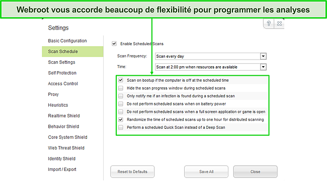 Capture d'écran du tableau de bord de planification d'analyse de Webroot.