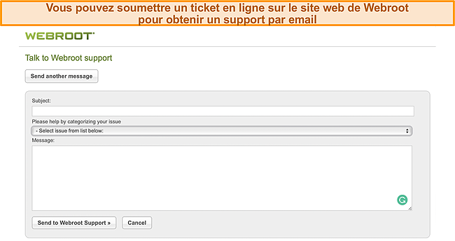 Capture d'écran de la page de demande de ticket sur le site Web de Webroot.