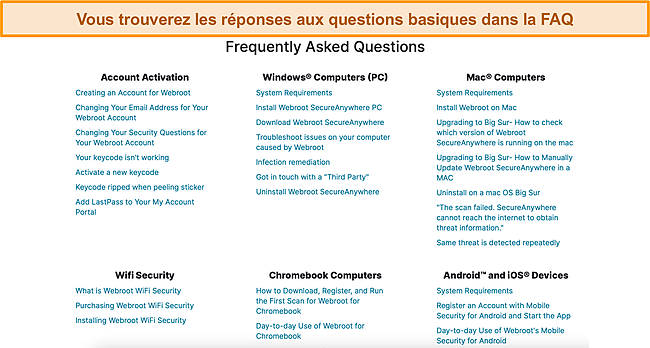 Capture d'écran de la section FAQ de Webroot.