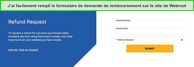 Capture d'écran du formulaire de demande de remboursement de Webroot sur son site Web.