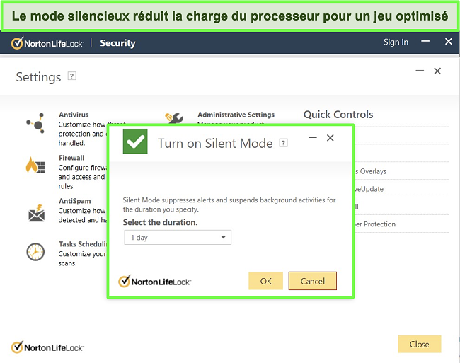 Capture d'écran de la fonction Mode silencieux de Norton LifeLock