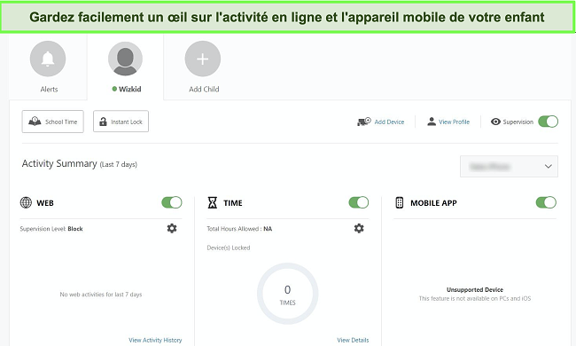 Capture d'écran du tableau de bord du contrôle parental de Norton