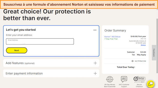 Capture d'écran de la page d'inscription de Norton
