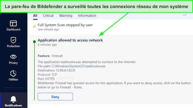 Capture d'écran montrant le pare-feu de Bitdefender autorisant une connexion