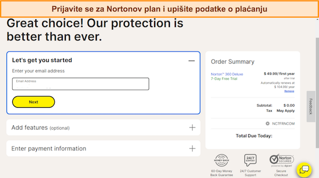 Snimka zaslona Nortonove stranice za prijavu