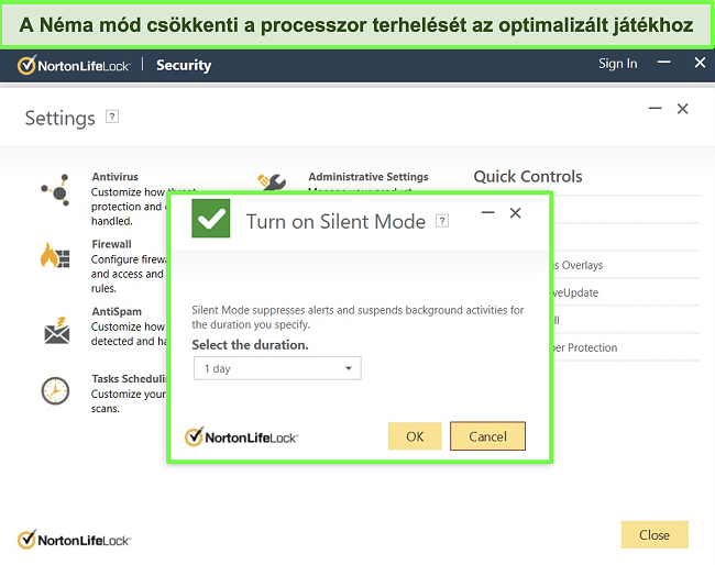 Pillanatkép a Norton LifeLock Silent Mode funkciójáról