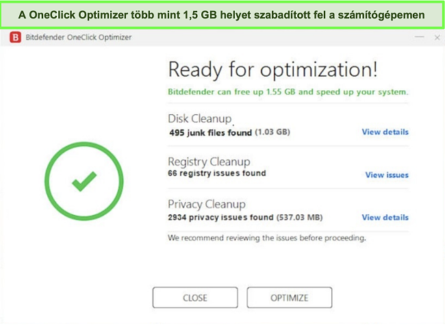 Pillanatkép a Bitdefender OneClick Optimizer eszközéről