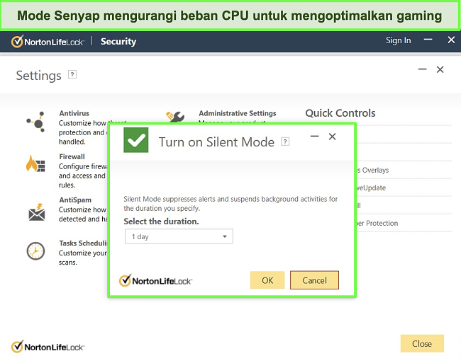 Tangkapan layar fitur Mode Senyap Norton LifeLock