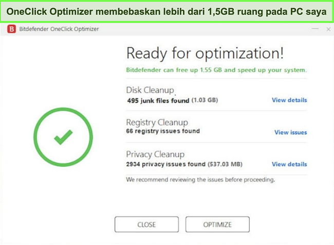 Tangkapan layar alat Pengoptimal OneClick Bitdefender