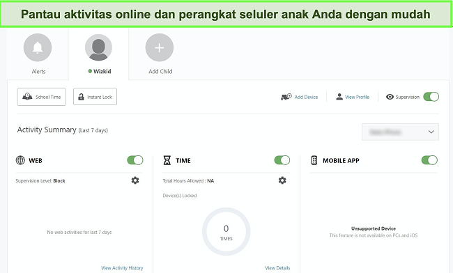 Tangkapan layar dasbor kontrol orang tua Norton