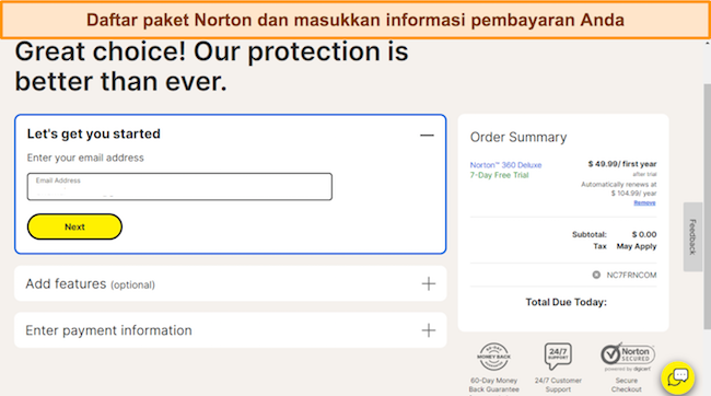 Cuplikan layar halaman pendaftaran Norton