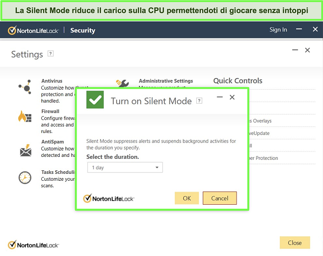 Screenshot della funzione Modalità silenziosa di Norton LifeLock