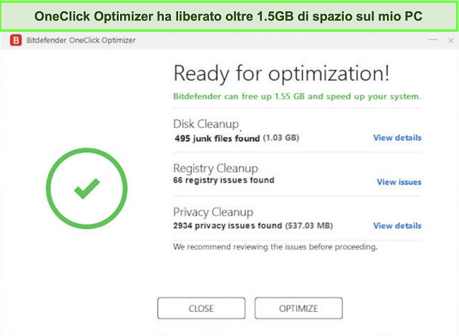 Screenshot dello strumento OneClick Optimizer di Bitdefender