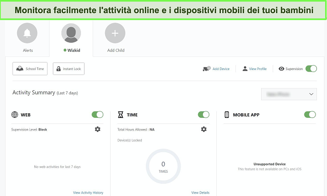 Screenshot del pannello di controllo parentale di Norton