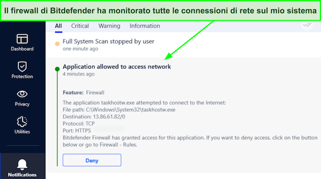 Screenshot che mostra il firewall di Bitdefender che consente una connessione