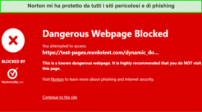 Screenshot dell'estensione del browser Norton Safe Web che blocca un sito dannoso