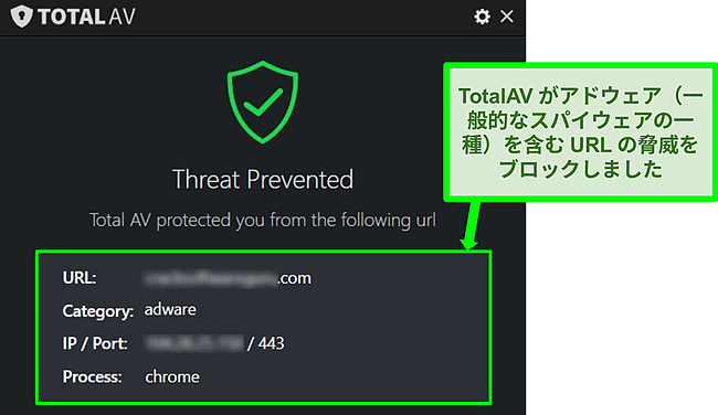 TotalAVがアドウェアをホストしている悪意のあるURLをブロックしていることを示すスクリーンショット。