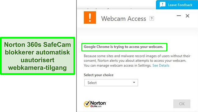 Skjermbilde av Norton som blokkerer Google Chromes forsøk på å få tilgang til webkameraet.