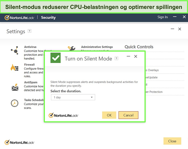 Skjermbilde av Norton LifeLocks Silent Mode-funksjon