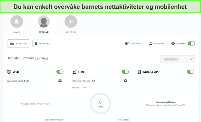 Skjermbilde av Nortons foreldrekontrollpanel