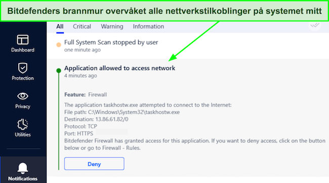 Skjermbilde som viser Bitdefenders brannmur som tillater en tilkobling