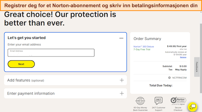 Skjermbilde av Nortons registreringsside