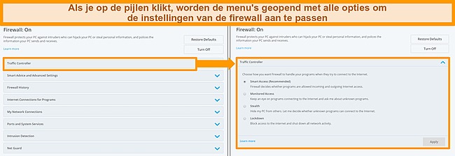 Screenshot van de firewall-opties van McAfee.