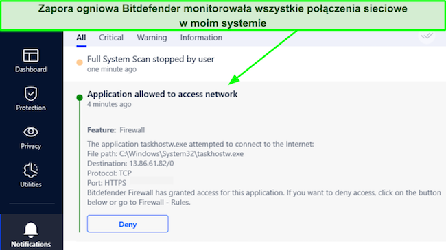 Zrzut ekranu przedstawiający zaporę Bitdefender zezwalającą na połączenie