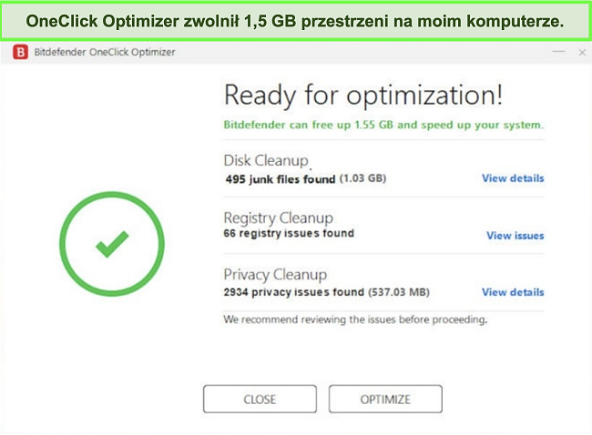 Zrzut ekranu narzędzia Bitdefender OneClick Optimizer