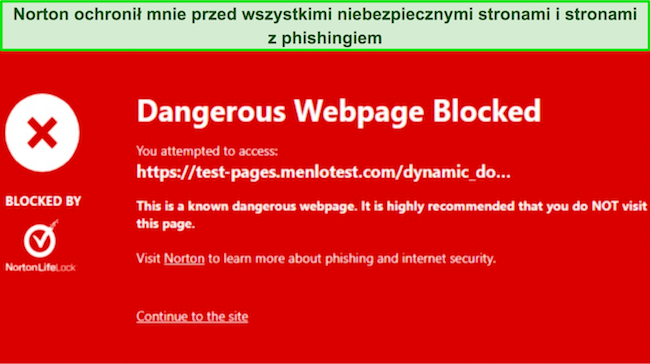 Zrzut ekranu przedstawiający rozszerzenie przeglądarki Norton Safe Web blokujące złośliwą witrynę