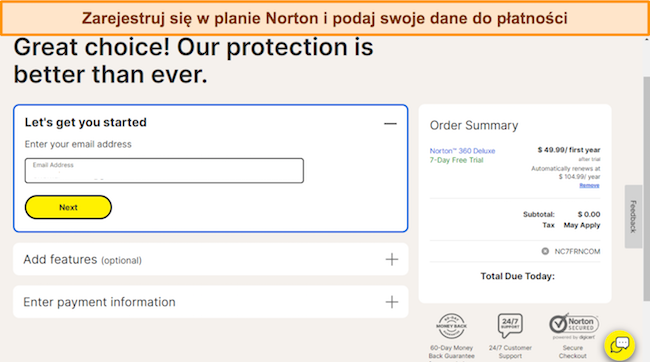 Zrzut ekranu strony rejestracji Norton