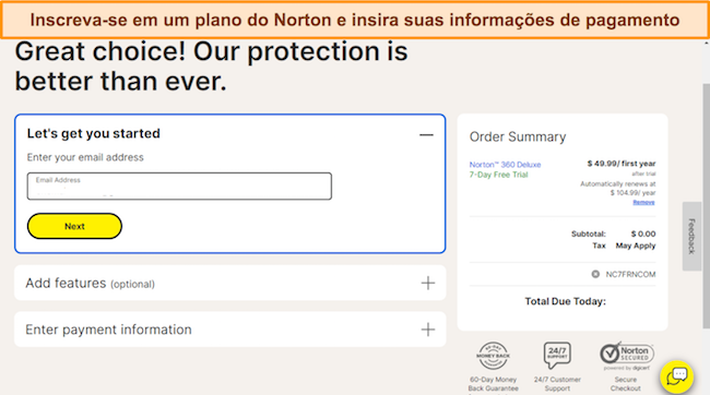 Captura de tela da página de inscrição do Norton