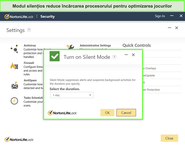 Captură de ecran a funcției Mod silențios de la Norton LifeLock