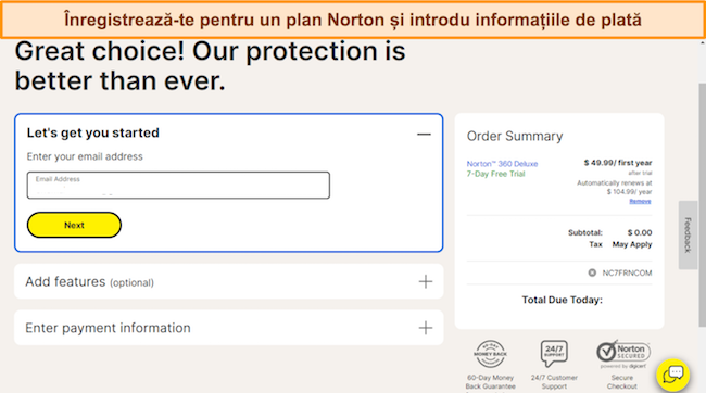 Captură de ecran a paginii de înscriere Norton