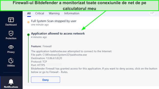 Captură de ecran care arată firewall-ul Bitdefender care permite o conexiune