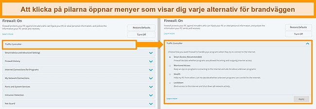 Skärmdump av McAfees brandväggalternativ.