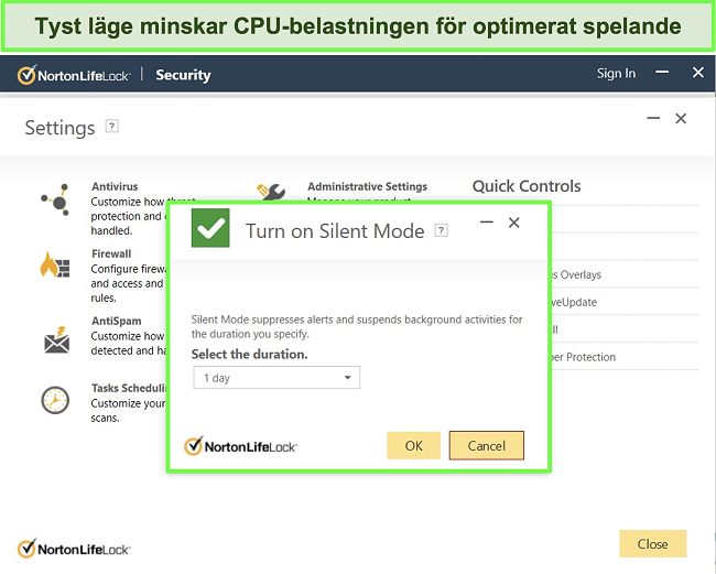 Skärmdump av Norton LifeLocks Silent Mode-funktion
